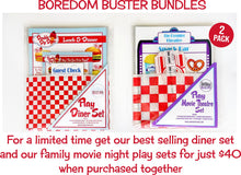 Load image into Gallery viewer, boredom buster bundle featuring play diner menu set and the play  movie theater play set
