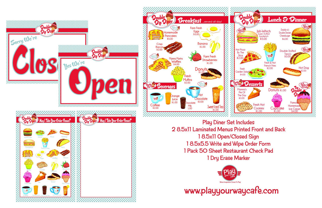 image showing whats included in the play diner set. Includes 2 menus printed breakfast on one side and lunch and diner on the other side, an open/close sign and a dry erase order form