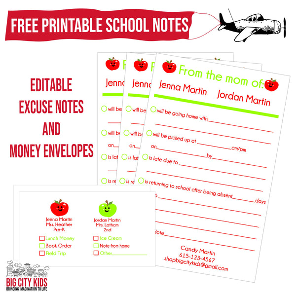 Free Back To School Money Envelopes and Excuse Notes!