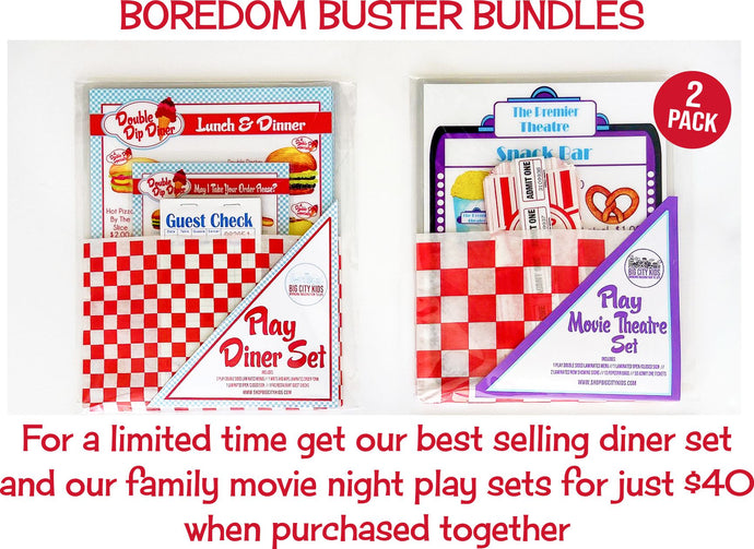 boredom buster bundle featuring play diner menu set and the play  movie theater play set