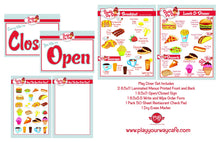 Load image into Gallery viewer, image showing whats included in the play diner set. Includes 2 menus printed breakfast on one side and lunch and diner on the other side, an open/close sign and a dry erase order form
